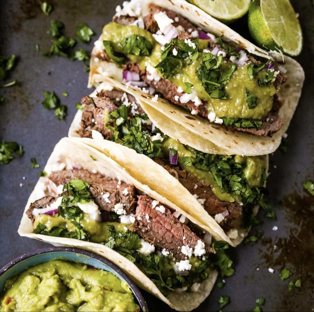 Beef tacos with green salsa